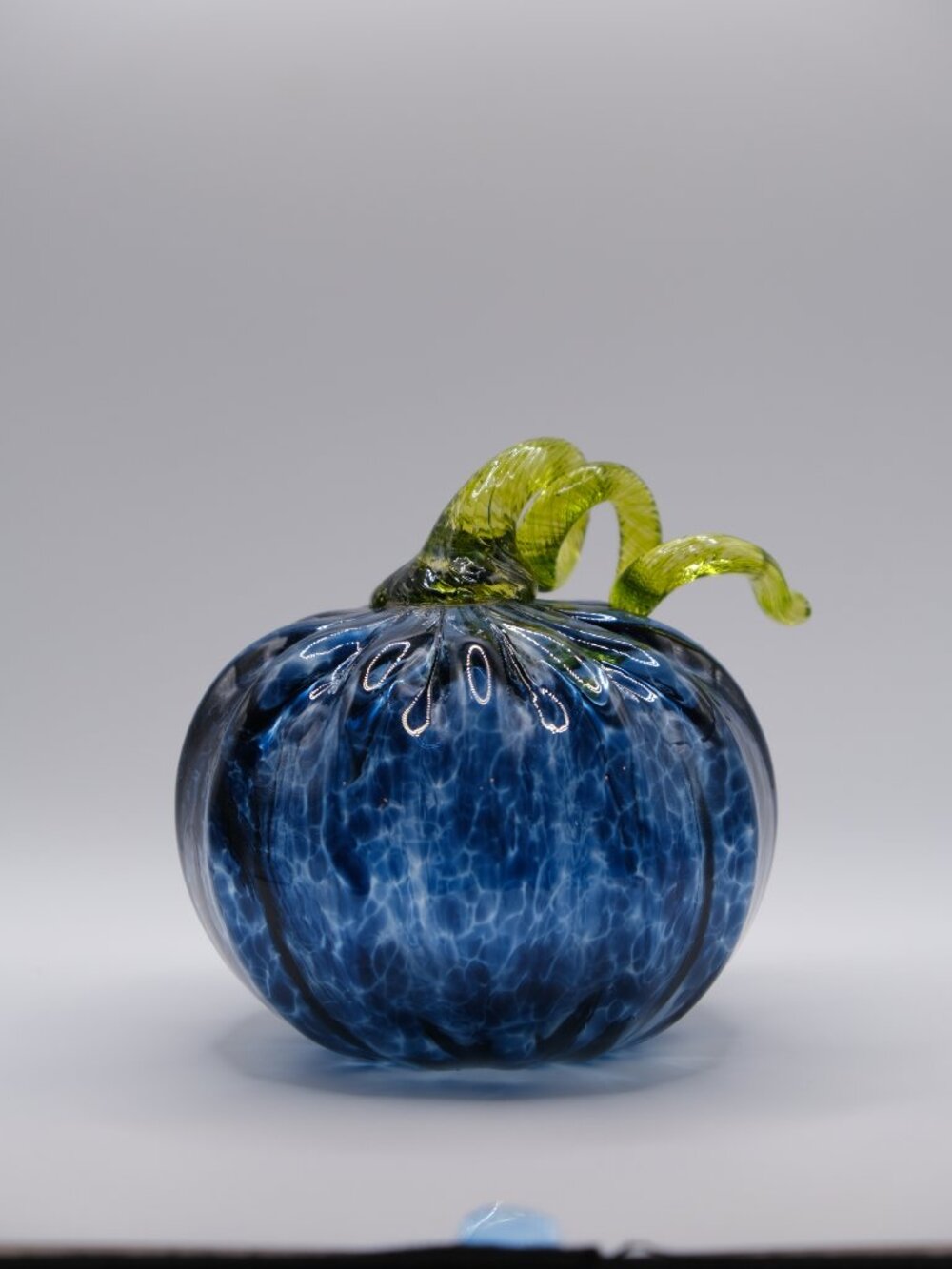 Hand-Blown Glass Pumpkin | Medium Size | Dark Blue Swirl with Green Stem - Picture 8 of 14